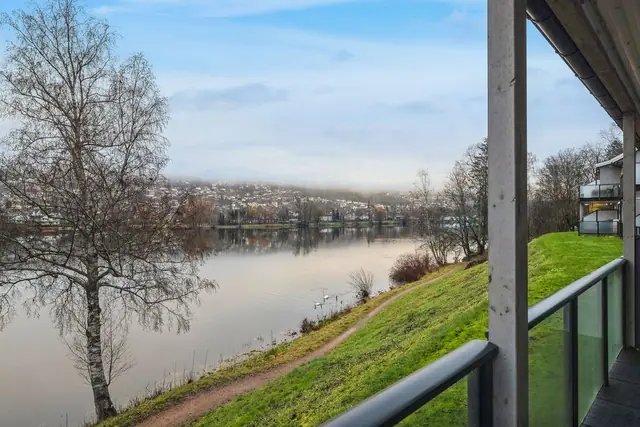 Nydelig utsikt fra terrassen mot Drammenselva.