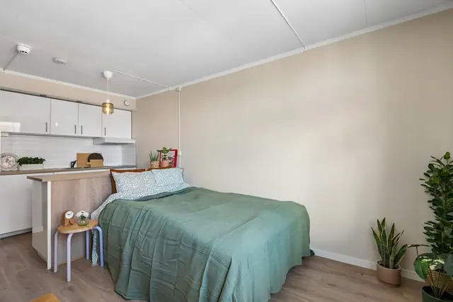 Lys og moderne leilighet med åpen stue/kjøkken-løsning. Soveområdet ligger i tilknytning til stuen, og IKEA-kjøkkenet gir en praktisk og stilren matlagingsplass.
