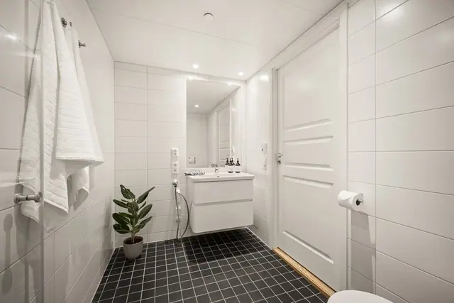 Badet fremstår som moderne og delikat med opplegg for både vaskemaskin og tørketrommel.