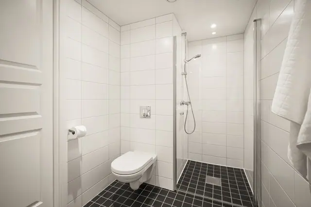 Vegghengt toalett, downlights i tak og dusjnisje med glassdør.