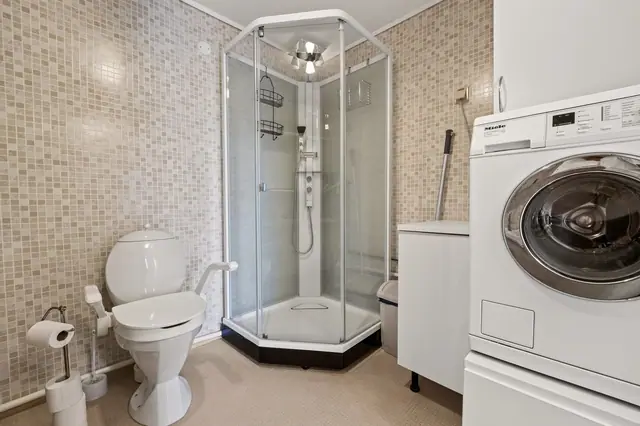 Badet har dusjkabinett, servantinnredning, toalett og opplegg for vaskemaskin.