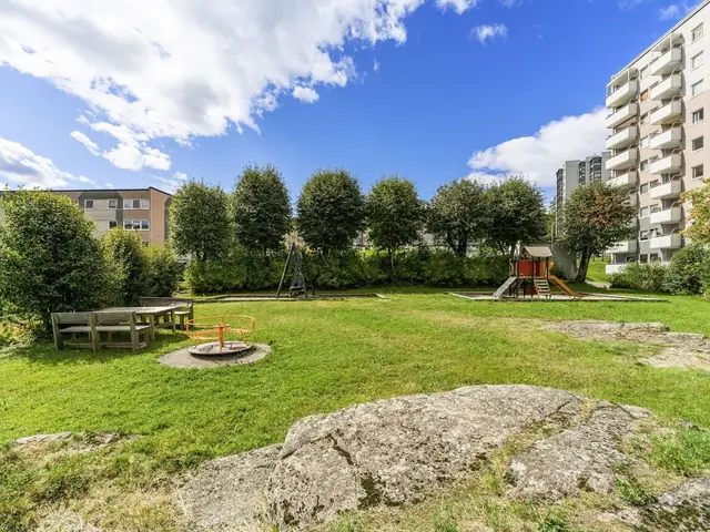 Velkommen til Fjellhagen Borettslag, hyggelige uteområder med bla. benker og lekeplass!